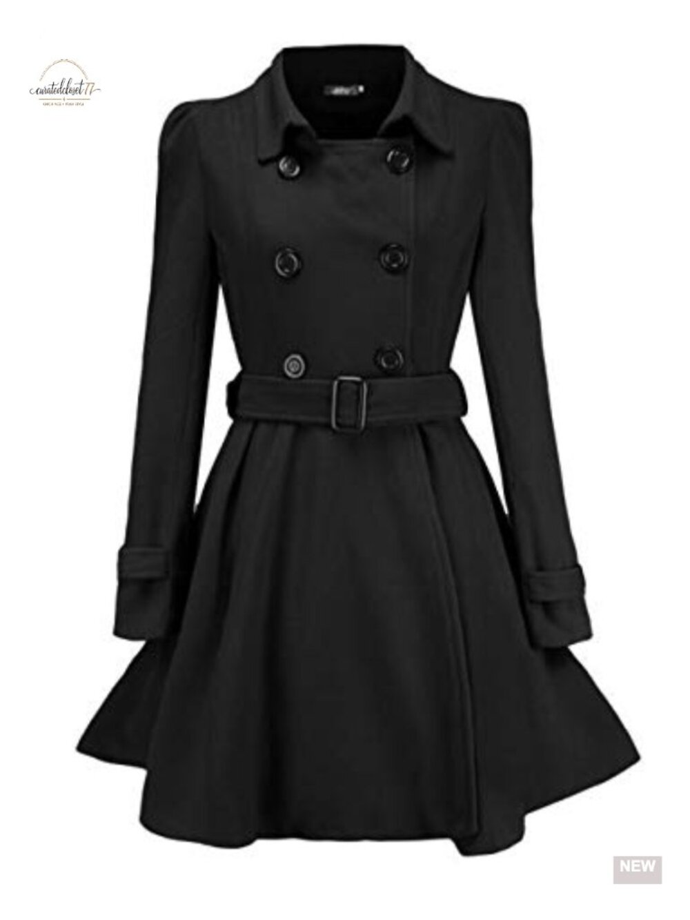 Women's Winter Double Breasted Wool Blend Pea Coat Belted A-Line Midi Trench